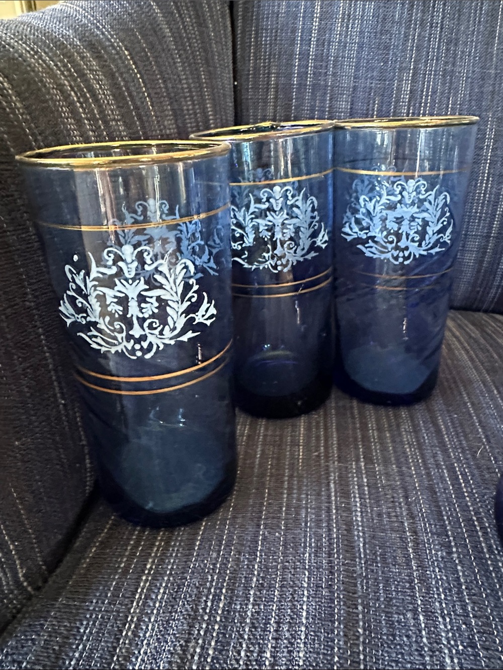 Set of 6 blown glass pontil cobalt blue gilt edge highball glasses and ice bowl - Picture 3 of 8